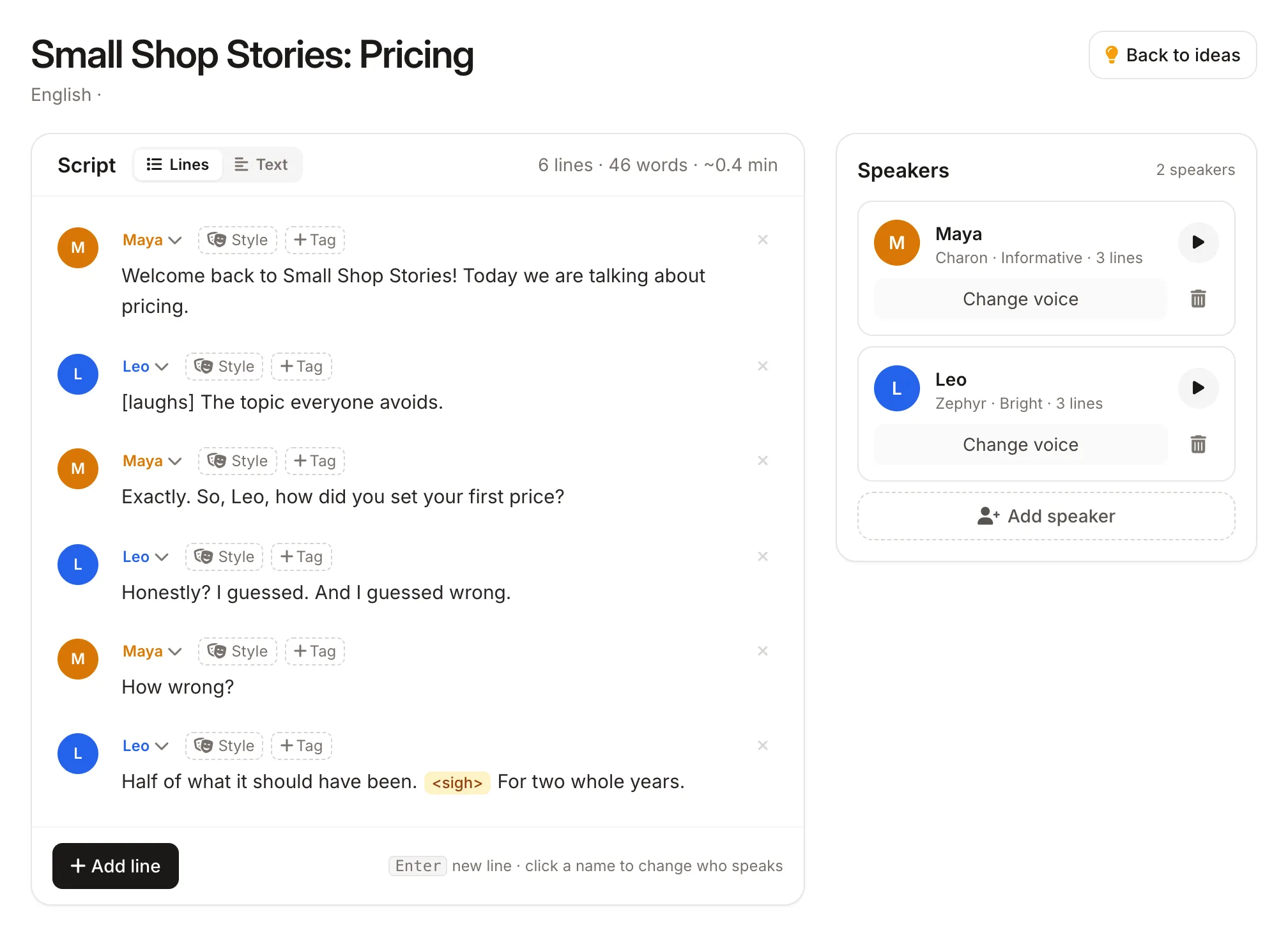 Every line of the AI-written script is editable, with a voice for each speaker