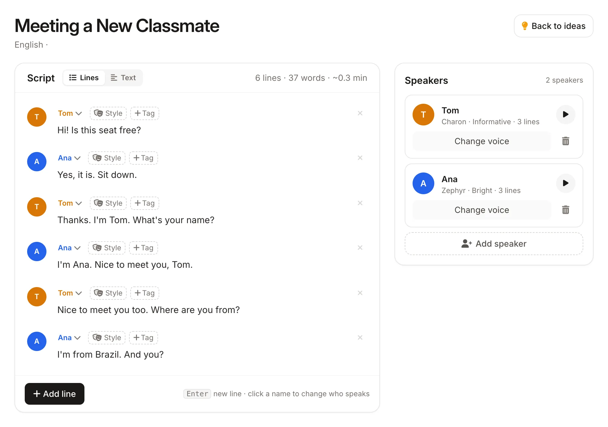 A beginner ESL dialogue, "Meeting a New Classmate", with a voice for each student