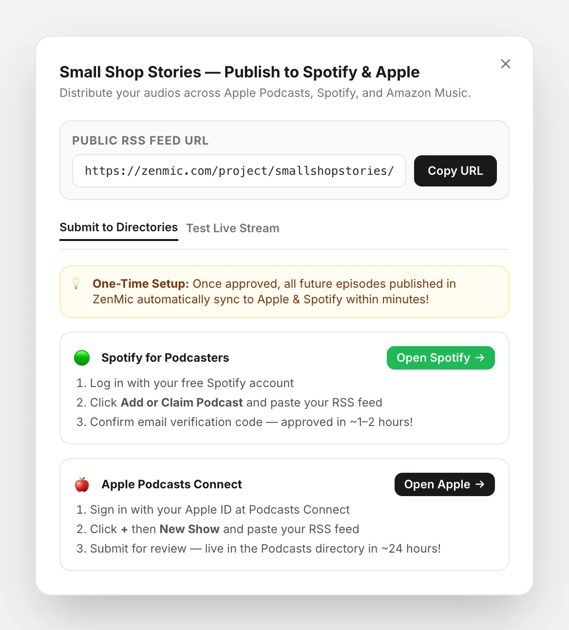 Every project gets a public RSS feed, with step-by-step submission to Spotify and Apple Podcasts
