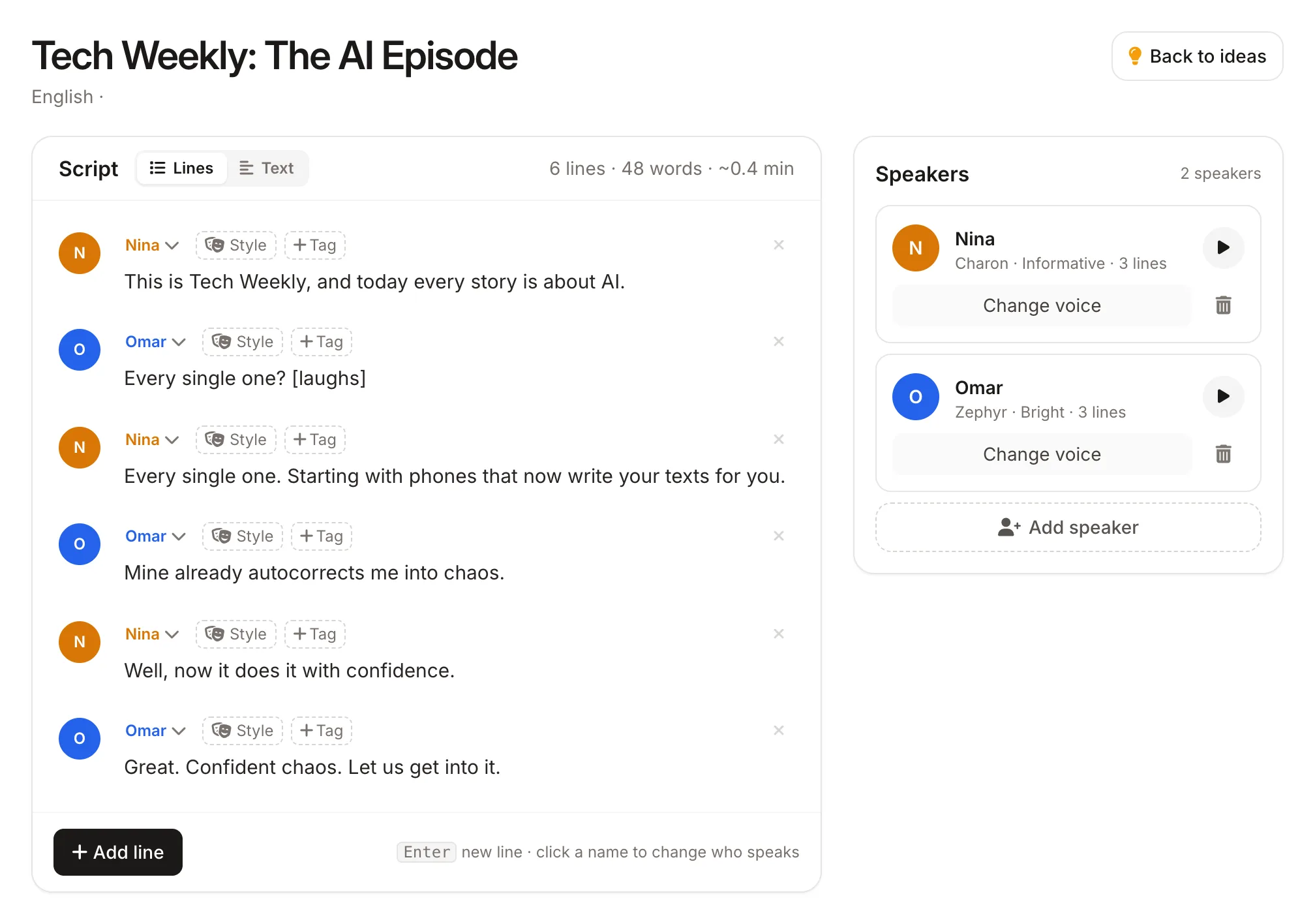 The ZenMic editor: an AI-written script, a voice for every speaker, ready to generate